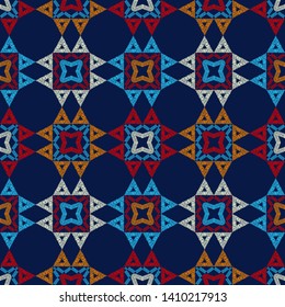 Ethnic boho seamless pattern. Lace. Embroidery on fabric. Patchwork texture. Weaving. Traditional ornament. Tribal pattern. Folk motif. Can be used for wallpaper, textile, wrapping, web.