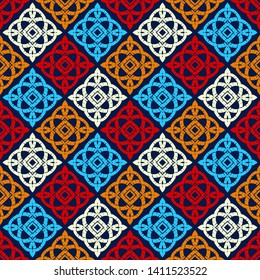 Ethnic boho seamless pattern. Lace. Embroidery on fabric. Patchwork texture. Weaving. Traditional ornament. Tribal pattern. Folk motif. Can be used for wallpaper, textile, wrapping, web.