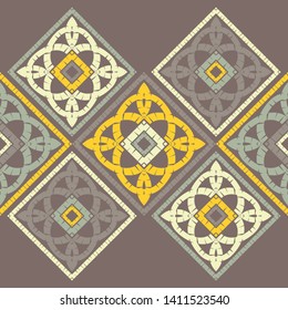Ethnic boho seamless pattern. Lace. Embroidery on fabric. Patchwork texture. Weaving. Traditional ornament. Tribal pattern. Folk motif. Can be used for wallpaper, textile, wrapping, web.