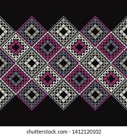 Ethnic boho seamless pattern. Lace. Embroidery on fabric. Patchwork texture. Weaving. Traditional ornament. Tribal pattern. Folk motif. Can be used for wallpaper, textile, wrapping, web.