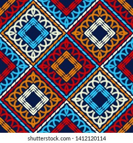 Ethnic boho seamless pattern. Lace. Embroidery on fabric. Patchwork texture. Weaving. Traditional ornament. Tribal pattern. Folk motif. Can be used for wallpaper, textile, wrapping, web.