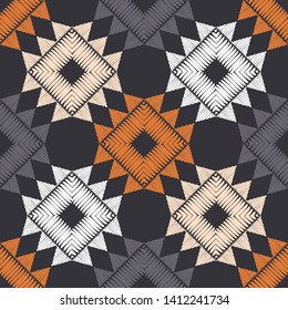 Ethnic boho seamless pattern. Lace. Embroidery on fabric. Patchwork texture. Weaving. Traditional ornament. Tribal pattern. Folk motif. Can be used for wallpaper, textile, wrapping, web.