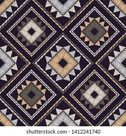 Ethnic boho seamless pattern. Lace. Embroidery on fabric. Patchwork texture. Weaving. Traditional ornament. Tribal pattern. Folk motif. Can be used for wallpaper, textile, wrapping, web.