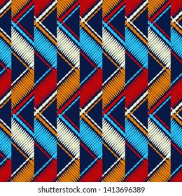 Ethnic boho seamless pattern. Lace. Embroidery on fabric. Patchwork texture. Weaving. Traditional ornament. Tribal pattern. Folk motif. Can be used for wallpaper, textile, wrapping, web.