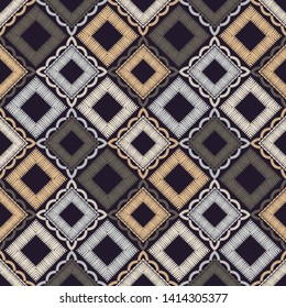 Ethnic boho seamless pattern. Lace. Embroidery on fabric. Patchwork texture. Weaving. Traditional ornament. Tribal pattern. Folk motif. Can be used for wallpaper, textile, wrapping, web.