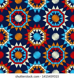 Ethnic boho seamless pattern. Lace. Embroidery on fabric. Patchwork texture. Weaving. Traditional ornament. Tribal pattern. Folk motif. Can be used for wallpaper, textile, wrapping, web.