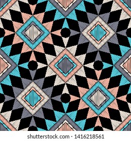 Ethnic boho seamless pattern. Lace. Embroidery on fabric. Patchwork texture. Weaving. Traditional ornament. Tribal pattern. Folk motif. Can be used for wallpaper, textile, wrapping, web.