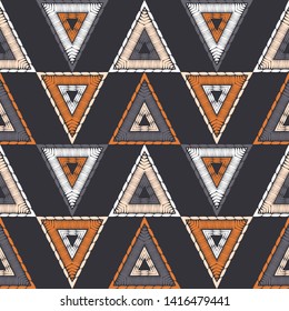 Ethnic boho seamless pattern. Lace. Embroidery on fabric. Patchwork texture. Weaving. Traditional ornament. Tribal pattern. Folk motif. Can be used for wallpaper, textile, wrapping, web.