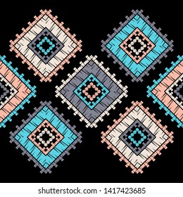Ethnic boho seamless pattern. Lace. Embroidery on fabric. Patchwork texture. Weaving. Traditional ornament. Tribal pattern. Folk motif. Can be used for wallpaper, textile, wrapping, web.