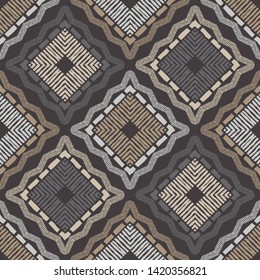 Ethnic boho seamless pattern. Lace. Embroidery on fabric. Patchwork texture. Weaving. Traditional ornament. Tribal pattern. Folk motif. Can be used for wallpaper, textile, wrapping, web.