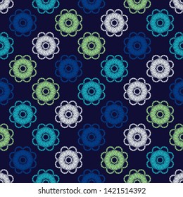 Ethnic boho seamless pattern. Lace. Embroidery on fabric. Patchwork texture. Traditional ornament. Tribal pattern. Folk motif. Can be used for wallpaper, textile, wrapping, web.