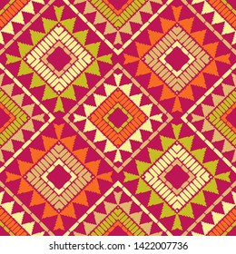 Ethnic boho seamless pattern. Lace. Embroidery on fabric. Patchwork texture. Weaving. Traditional ornament. Tribal pattern. Folk motif. Can be used for wallpaper, textile, wrapping, web.