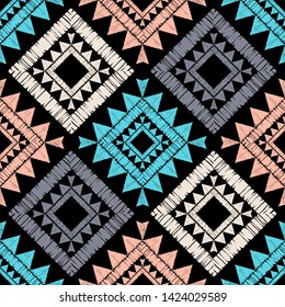 Ethnic boho seamless pattern. Lace. Embroidery on fabric. Patchwork texture. Weaving. Traditional ornament. Tribal pattern. Folk motif. Can be used for wallpaper, textile, wrapping, web.