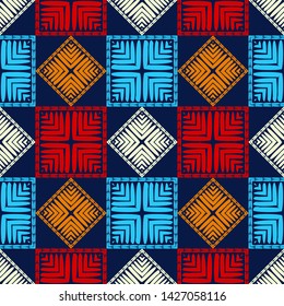 Ethnic boho seamless pattern. Lace. Embroidery on fabric. Patchwork texture. Weaving. Traditional ornament. Tribal pattern. Folk motif. Can be used for wallpaper, textile, wrapping, web.