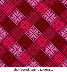 Ethnic boho seamless pattern. Lace. Embroidery on fabric. Patchwork texture. Weaving. Traditional ornament. Tribal pattern. Folk motif. Can be used for wallpaper, textile, wrapping, web.