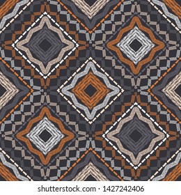 Ethnic boho seamless pattern. Lace. Embroidery on fabric. Patchwork texture. Weaving. Traditional ornament. Tribal pattern. Folk motif. Can be used for wallpaper, textile, wrapping, web.