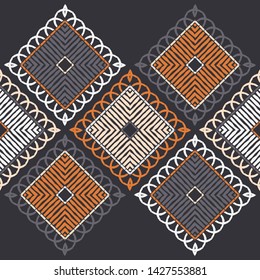 Ethnic boho seamless pattern. Lace. Embroidery on fabric. Patchwork texture. Weaving. Traditional ornament. Tribal pattern. Folk motif. Can be used for wallpaper, textile, wrapping, web.