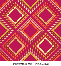 Ethnic boho seamless pattern. Lace. Embroidery on fabric. Patchwork texture. Weaving. Traditional ornament. Tribal pattern. Folk motif. Can be used for wallpaper, textile, wrapping, web.