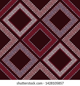 Ethnic boho seamless pattern. Lace. Embroidery on fabric. Patchwork texture. Weaving. Traditional ornament. Tribal pattern. Folk motif. Can be used for wallpaper, textile, wrapping, web.