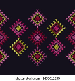 Ethnic boho seamless pattern. Lace. Embroidery on fabric. Patchwork texture. Weaving. Traditional ornament. Tribal pattern. Folk motif. Can be used for wallpaper, textile, wrapping, web.