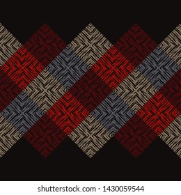 Ethnic boho seamless pattern. Lace. Embroidery on fabric. Patchwork texture. Weaving. Traditional ornament. Tribal pattern. Folk motif. Can be used for wallpaper, textile, wrapping, web.