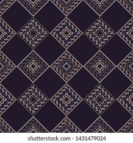 Ethnic boho seamless pattern. Lace. Embroidery on fabric. Patchwork texture. Weaving. Traditional ornament. Tribal pattern. Folk motif. Can be used for wallpaper, textile, wrapping, web.