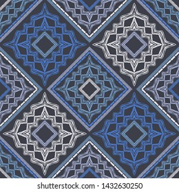 Ethnic boho seamless pattern. Lace. Embroidery on fabric. Patchwork texture. Weaving. Traditional ornament. Tribal pattern. Folk motif. Can be used for wallpaper, textile, wrapping, web.