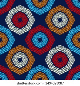 Ethnic boho seamless pattern. Lace. Embroidery on fabric. Patchwork texture. Weaving. Traditional ornament. Tribal pattern. Folk motif. Can be used for wallpaper, textile, wrapping, web.