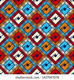 Ethnic boho seamless pattern. Lace. Embroidery on fabric. Patchwork texture. Weaving. Traditional ornament. Tribal pattern. Folk motif. Can be used for wallpaper, textile, wrapping, web.