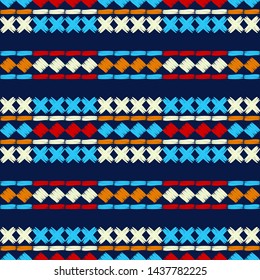 Ethnic boho seamless pattern. Lace. Embroidery on fabric. Patchwork texture. Weaving. Traditional ornament. Tribal pattern. Folk motif. Can be used for wallpaper, textile, wrapping, web.