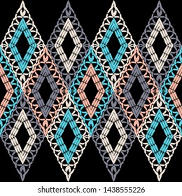 Ethnic boho seamless pattern. Lace. Embroidery on fabric. Patchwork texture. Weaving. Traditional ornament. Tribal pattern. Folk motif. Can be used for wallpaper, textile, wrapping, web.