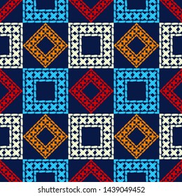 Ethnic boho seamless pattern. Lace. Embroidery on fabric. Patchwork texture. Weaving. Traditional ornament. Tribal pattern. Folk motif. Can be used for wallpaper, textile, wrapping, web.