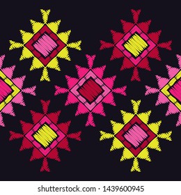 Ethnic boho seamless pattern. Lace. Embroidery on fabric. Patchwork texture. Weaving. Traditional ornament. Tribal pattern. Folk motif. Can be used for wallpaper, textile, wrapping, web.