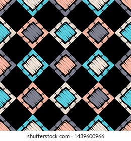 Ethnic boho seamless pattern. Lace. Embroidery on fabric. Patchwork texture. Weaving. Traditional ornament. Tribal pattern. Folk motif. Can be used for wallpaper, textile, wrapping, web.