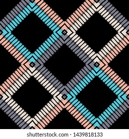 Ethnic boho seamless pattern. Lace. Embroidery on fabric. Patchwork texture. Weaving. Traditional ornament. Tribal pattern. Folk motif. Can be used for wallpaper, textile, wrapping, web.