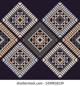 Ethnic boho seamless pattern. Lace. Embroidery on fabric. Patchwork texture. Weaving. Traditional ornament. Tribal pattern. Folk motif. Can be used for wallpaper, textile, wrapping, web.