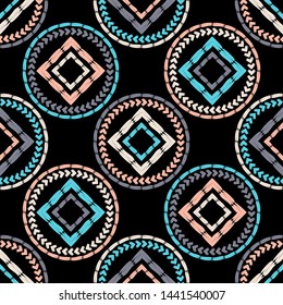 Ethnic boho seamless pattern. Lace. Embroidery on fabric. Patchwork texture. Weaving. Traditional ornament. Tribal pattern. Folk motif. Can be used for wallpaper, textile, wrapping, web.