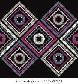 Ethnic boho seamless pattern. Lace. Embroidery on fabric. Patchwork texture. Weaving. Traditional ornament. Tribal pattern. Folk motif. Can be used for wallpaper, textile, wrapping, web.
