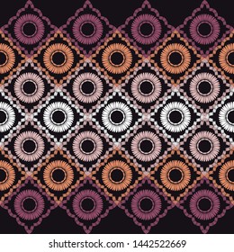 Ethnic boho seamless pattern. Lace. Embroidery on fabric. Patchwork texture. Weaving. Traditional ornament. Tribal pattern. Folk motif. Can be used for wallpaper, textile, wrapping, web.