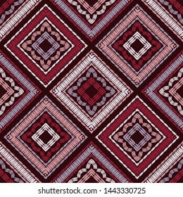 Ethnic boho seamless pattern. Lace. Embroidery on fabric. Patchwork texture. Weaving. Traditional ornament. Tribal pattern. Folk motif. Can be used for wallpaper, textile, wrapping, web.