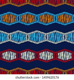 Ethnic boho seamless pattern. Lace. Embroidery on fabric. Patchwork texture. Weaving. Traditional ornament. Tribal pattern. Folk motif. Can be used for wallpaper, textile, wrapping, web.