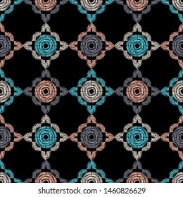 Ethnic boho seamless pattern. Lace. Embroidery on fabric. Patchwork texture. Weaving. Traditional ornament. Tribal pattern. Folk motif. Can be used for wallpaper, textile, wrapping, web.