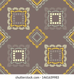 Ethnic boho seamless pattern. Lace. Embroidery on fabric. Patchwork texture. Weaving. Traditional ornament. Tribal pattern. Folk motif. Can be used for wallpaper, textile, wrapping, web.