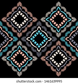 Ethnic boho seamless pattern. Lace. Embroidery on fabric. Patchwork texture. Weaving. Traditional ornament. Tribal pattern. Folk motif. Can be used for wallpaper, textile, wrapping, web.
