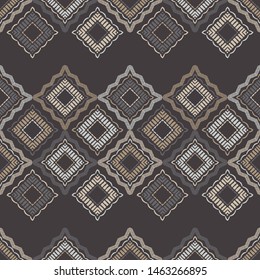 Ethnic boho seamless pattern. Lace. Embroidery on fabric. Patchwork texture. Weaving. Traditional ornament. Tribal pattern. Folk motif. Can be used for wallpaper, textile, wrapping, web.