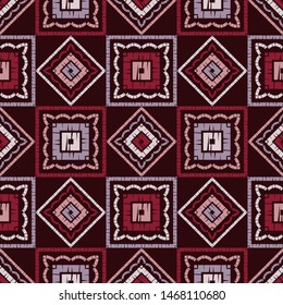 Ethnic boho seamless pattern. Lace. Embroidery on fabric. Patchwork texture. Weaving. Traditional ornament. Tribal pattern. Folk motif. Can be used for wallpaper, textile, wrapping, web.