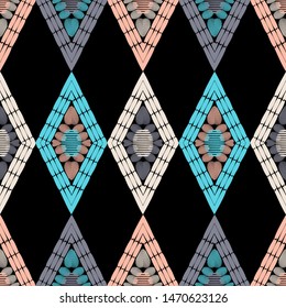 Ethnic boho seamless pattern. Lace. Embroidery on fabric. Patchwork texture. Weaving. Traditional ornament. Tribal pattern. Folk motif. Can be used for wallpaper, textile, wrapping, web.