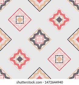 Ethnic boho seamless pattern. Lace. Embroidery on fabric. Patchwork texture. Weaving. Traditional ornament. Tribal pattern. Folk motif. Can be used for wallpaper, textile, wrapping, web.