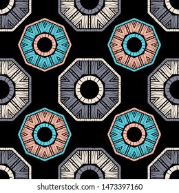 Ethnic boho seamless pattern. Lace. Embroidery on fabric. Patchwork texture. Weaving. Traditional ornament. Tribal pattern. Folk motif. Can be used for wallpaper, textile, wrapping, web.