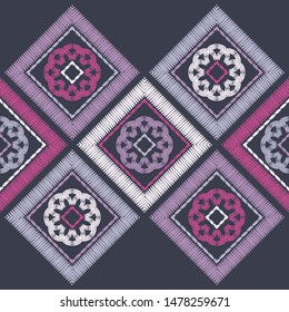 Ethnic boho seamless pattern. Lace. Embroidery on fabric. Patchwork texture. Weaving. Traditional ornament. Tribal pattern. Folk motif. Can be used for wallpaper, textile, wrapping, web.